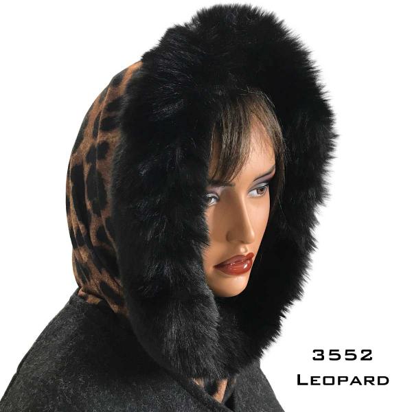 Wholesale 3552 - Fur Trimmed Infinity Hood  Leopard Print<br> Black Fur Trimmed Infinity Hood - 
