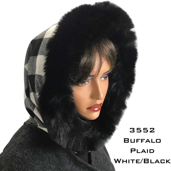 Wholesale 3552 - Fur Trimmed Infinity Hood  Buffalo Plaid White/Black<br> Black Fur Trimmed Infinity Hood - 