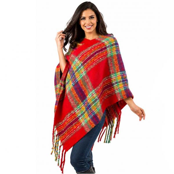 3125 - Nubby Plaid Poncho - Red-Multi (MB) One Size Fits All 3125 - Nubby Plaid Poncho Red-Multi (MB) - One Size Fits All