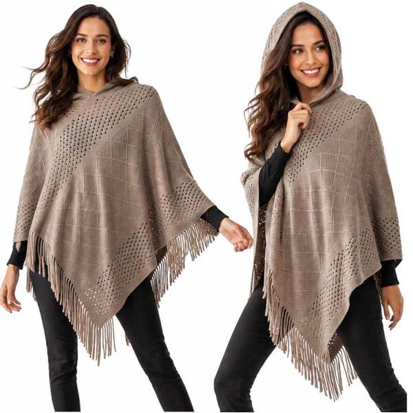 5006 - Knitted Poncho with Hood - Taupe 5006 - Knitted Poncho with Hood Taupe -