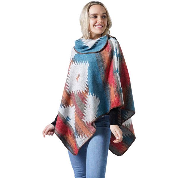 Wholesale 3722 - Western Design Ponchos and Bags 10114 - Teal Multi<br>
Western Pattern Poncho - One Size Fits Most
