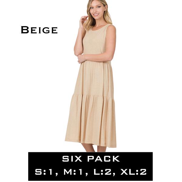 Wholesale 43050 - Sleeveless Tiered Midi Dress Beige<br>43050 Dress<br>SIX PACK - S:1,M:1,L:2,XL:2