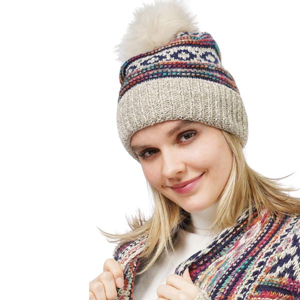 Wholesale 3805 - Ethnic Pattern Knit Cardigans & Beanies 10658 - Beige Multi<br>
Ethnic Pattern Knit Beanie w/PomPom
 - One Size Fits Most