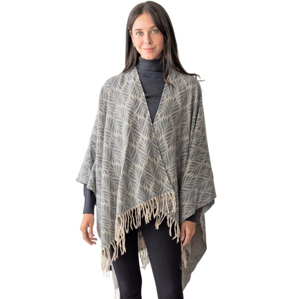 wholesale Autumn Capes - 3818/10035/3352/3759/5114/5117/5121 5114 - Grey<br>
Leaf Pattern Ruana with Tassels - One Size Fits Most
