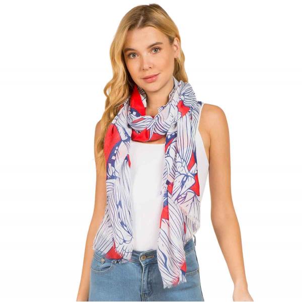 Wholesale 3861 - Assorted Cotton Feel Summer Scarves 4114-RD<br> 
Red/Blue Floral Line Drawing Scarf - 33