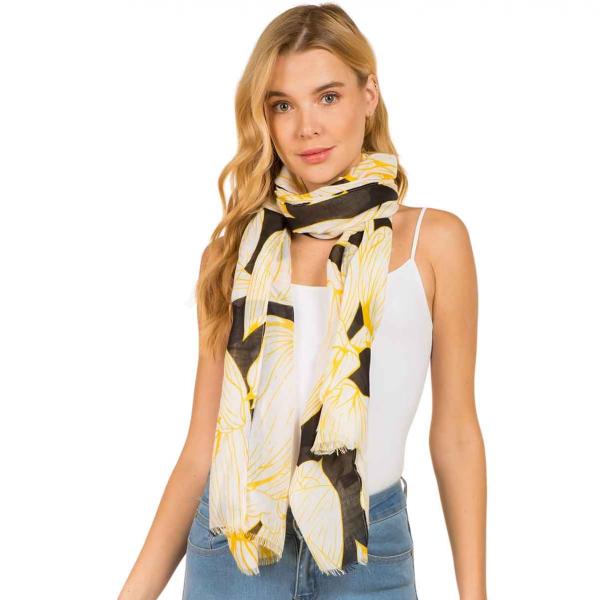 wholesale 3861 - Assorted Cotton Feel Summer Scarves 4114-BK<br> 
Black/Yellow Floral Line Drawing Scarf - 33