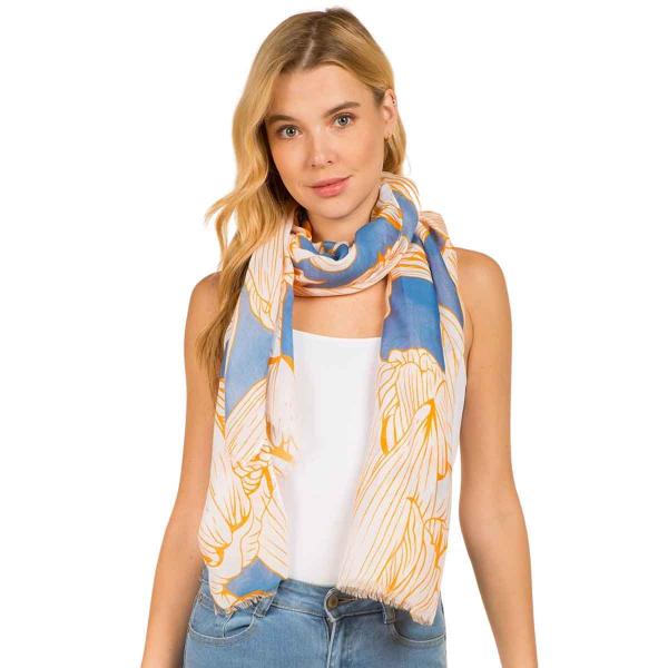 wholesale 3861 - Assorted Cotton Feel Summer Scarves 4114-BL<br> 
Blue/Orange Floral Line Drawing Scarf - 33
