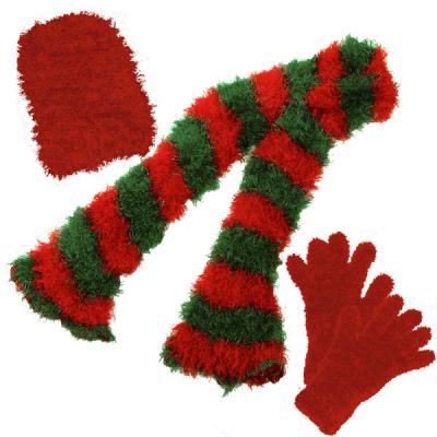 Gift Sets - Magic Scarf, Hat and Glove - Stripes Green-Red Scarf with Red Hat and Gloves
