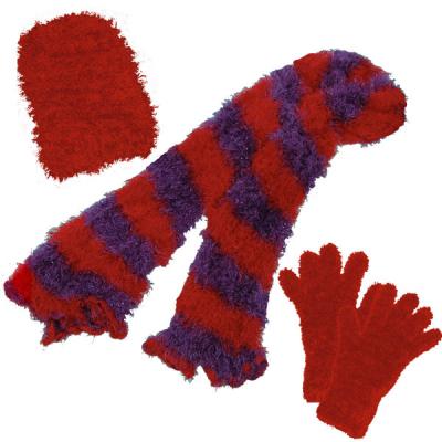 Gift Sets - Magic Scarf, Hat and Glove - Stripes Purple-Red Scarf with Red Hat and Gloves