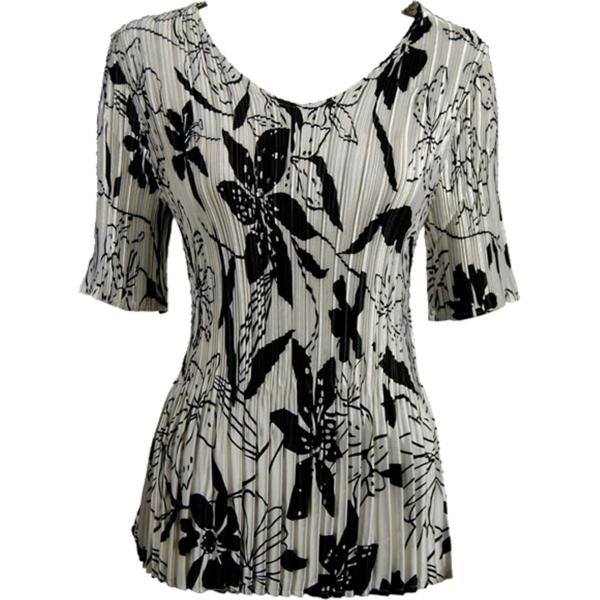 Wholesale 1210 - Satin Mini Pleat 3/4 Sleeve V-Neck Floral - Black on White - One Size Fits Most