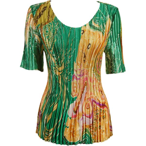 Wholesale 1149 - Satin Mini Pleats Half Sleeve with Collar Swirl Green-Gold - One Size Fits Most