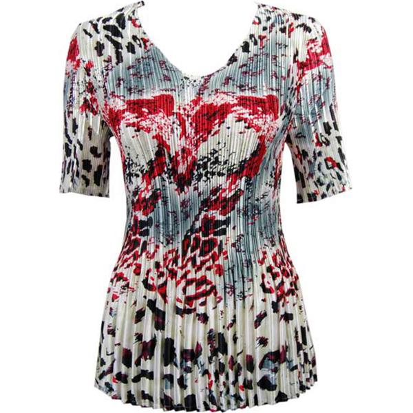 Wholesale 657 - Half Sleeve V-Neck Satin Mini Pleat Tops Reptile Floral - Red - One Size Fits Most