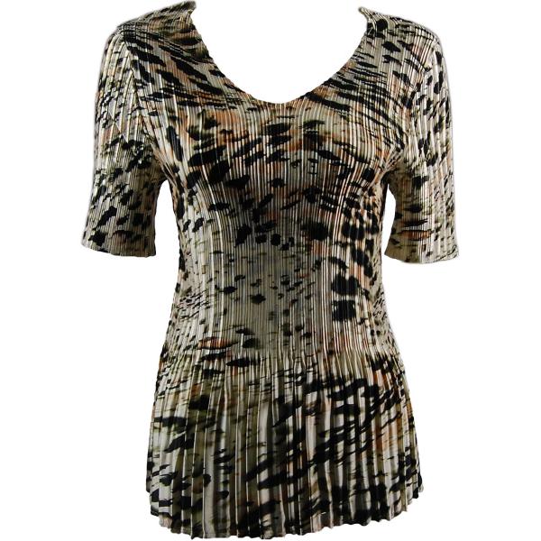 Wholesale 657 - Half Sleeve V-Neck Satin Mini Pleat Tops Olive Leopard - One Size Fits Most