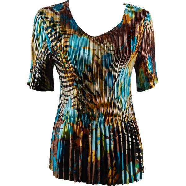 Wholesale 657 - Half Sleeve V-Neck Satin Mini Pleat Tops Jungle Floral - Turquoise - One Size Fits Most