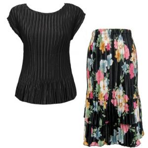 748  - Matching Satin Mini Pleat Skirt and Top Set Black Cap with Black Floral Skirt - One Size Fits Most