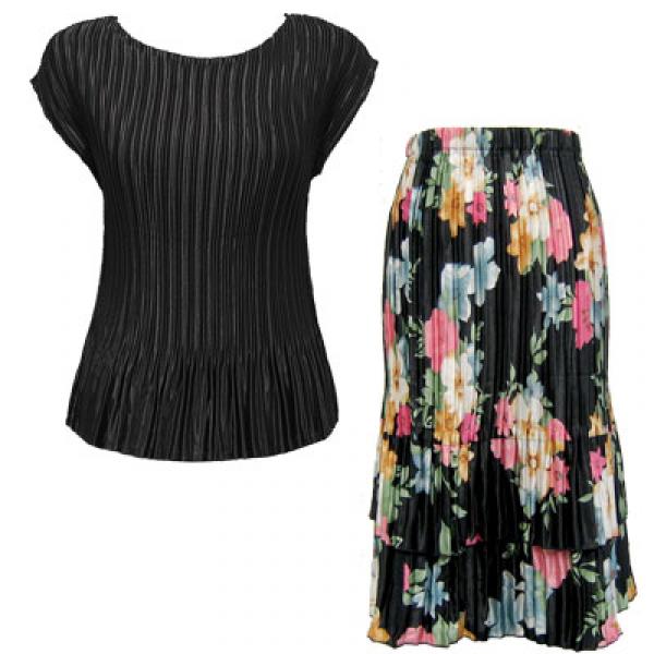Wholesale 748  - Matching Satin Mini Pleat Skirt and Top Set Black Cap with Black Floral Skirt - One Size Fits Most