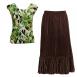 Tropical Green Cap Sleeve-Dark Brown Micro Pleat Skirt