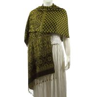 Pashmina Style Shawls - Woven Prints - Metallic Accent - Checkered with Print Border - Green