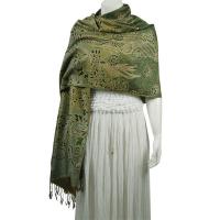 Pashmina Style Shawls - Woven Prints - Metallic Accent - Floral Stencil - Olive