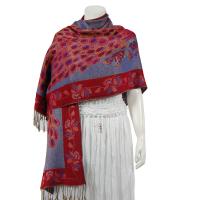 Pashmina Style Shawls - Woven Prints - Metallic Accent - Peacock - Denim/Wine