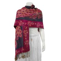 Pashmina Style Shawls - Woven Prints - Metallic Accent - Peacock - Charcoal/Raspberry