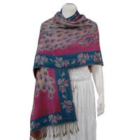 Pashmina Style Shawls - Woven Prints - Metallic Accent - Peacock - Pink/Teal