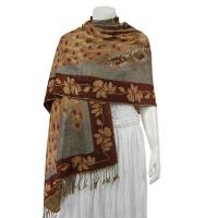 Pashmina Style Shawls - Woven Prints - Metallic Accent - Peacock - Taupe/Brown
