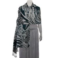 Pashmina Style Shawls - Woven Prints - Abstract Animal - Grey/Black/Seagreen