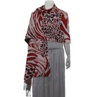 Pashmina Style Shawls - Woven Prints - Abstract Animal - Natural/Merlot/Wine