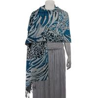 Pashmina Style Shawls - Woven Prints - Abstract Animal - Grey/Black/Teal Blue