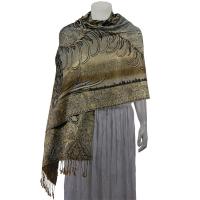 Pashmina Style Shawls - Woven Prints - Metallic Accent - Bordered Persian - Taupe/Silver