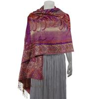 Pashmina Style Shawls - Woven Prints - Metallic Accent - Bordered Persian - Purple/Paprika