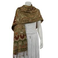 Pashmina Style Shawls - Woven Prints - Metallic Accent - Persian Paisley - Brown/Olive