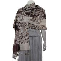 Pashmina Style Shawls - Woven Prints - Flowers and Grapes - Brown