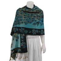 Pashmina Style Shawls - Woven Prints - Metallic Accent - Peacock - Teal/Black