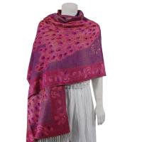 Pashmina Style Shawls - Woven Prints - Metallic Accent - Peacock - Lilac/Raspberry