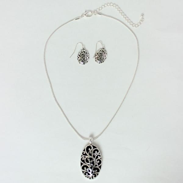 Wholesale 794 Fashion Necklace & Earring Sets Abstract Design Oval - Black-Silver - 