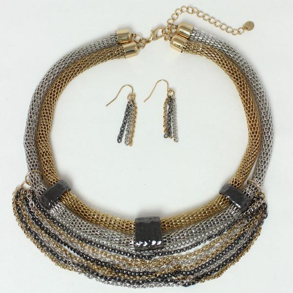 Wholesale 794 Fashion Necklace & Earring Sets Mesh Multi Chain - Tri Color - 