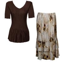 Sets Satin Mini Pleat - Half Sleeve V-Neck - Solid Dark Brown - Beige Floral Skirt