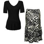 Sets Satin Mini Pleat - Half Sleeve V-Neck - Solid Black - Block Print Black-Ivory Skirt