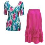Sets Satin Mini Pleat - Half Sleeve V Neck - Bright Bouquet - Magenta Skirt