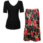 Sets Satin Mini Pleat - Half Sleeve V-Neck - Solid Black - Coral Blossoms on Black Skirt