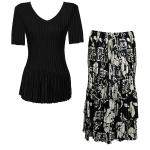 Sets Satin Mini Pleat - Half Sleeve V-Neck - Solid Black - Ivory Floral on Black Skirt