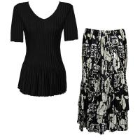 Sets Satin Mini Pleat - Half Sleeve V-Neck - Solid Black - Ivory Floral on Black Skirt
