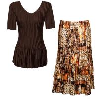 Sets Satin Mini Pleat - Half Sleeve V-Neck - Solid Dark Brown - Multi Animal Floral Skirt