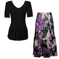 Sets Satin Mini Pleat - Half Sleeve V-Neck - Solid Black - Raspberry Sherbet Abstract Skirt