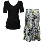 Sets Satin Mini Pleat - Half Sleeve V-Neck - Solid Black - Reptile Floral-Green Skirt