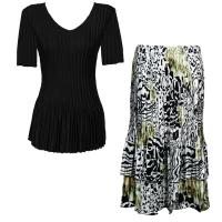 Sets Satin Mini Pleat - Half Sleeve V-Neck - Solid Black - Reptile Floral-Green Skirt