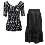 Sets Satin Mini Pleat - Half Sleeve V Neck - Ribbon Black-White - Black Skirt