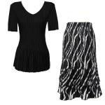 Sets Satin Mini Pleat - Half Sleeve V-Neck - Solid Black - Ribbon Black-White Skirt